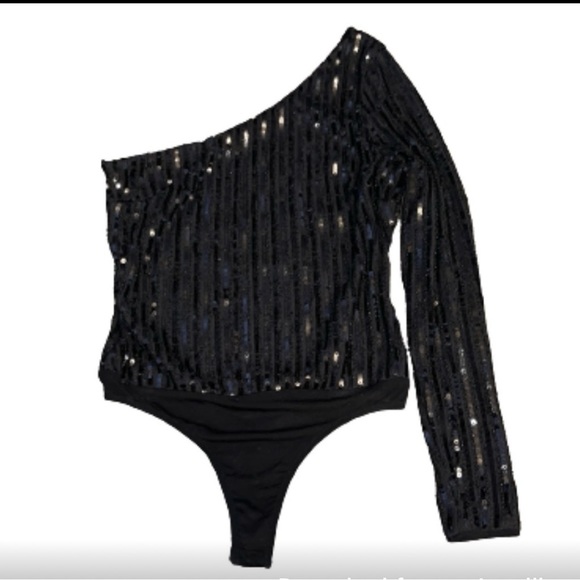 ‼️WOW‼️🖤🖤MARCIANO🖤Los Angeles black sequin one shoulder bodysuit NWOT size S - Picture 2 of 13